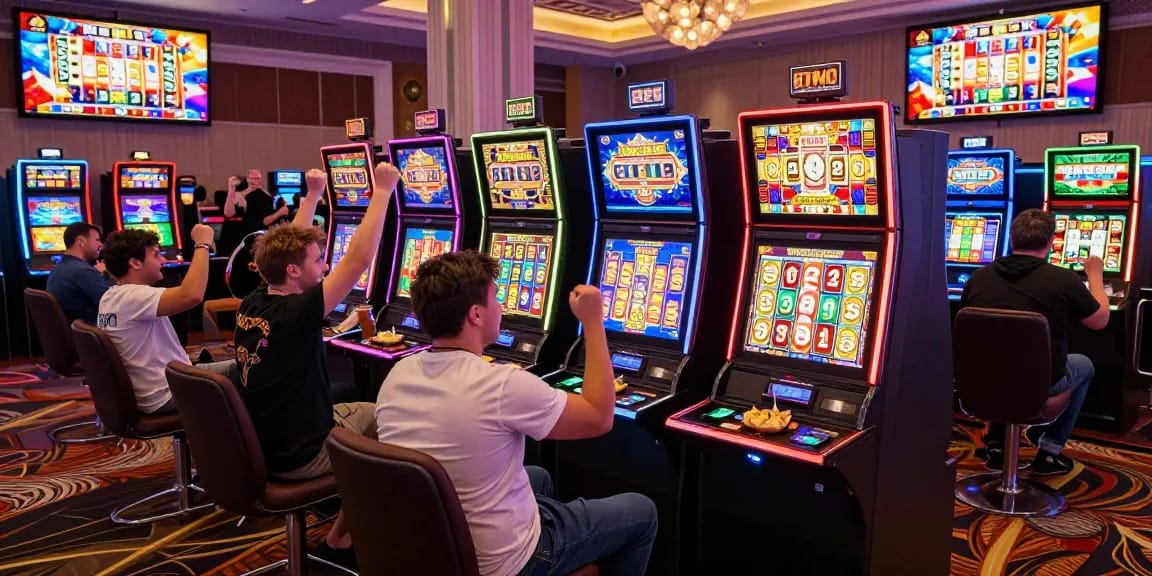 Players enjoying thrilling slot games in a lively casino atmosphere