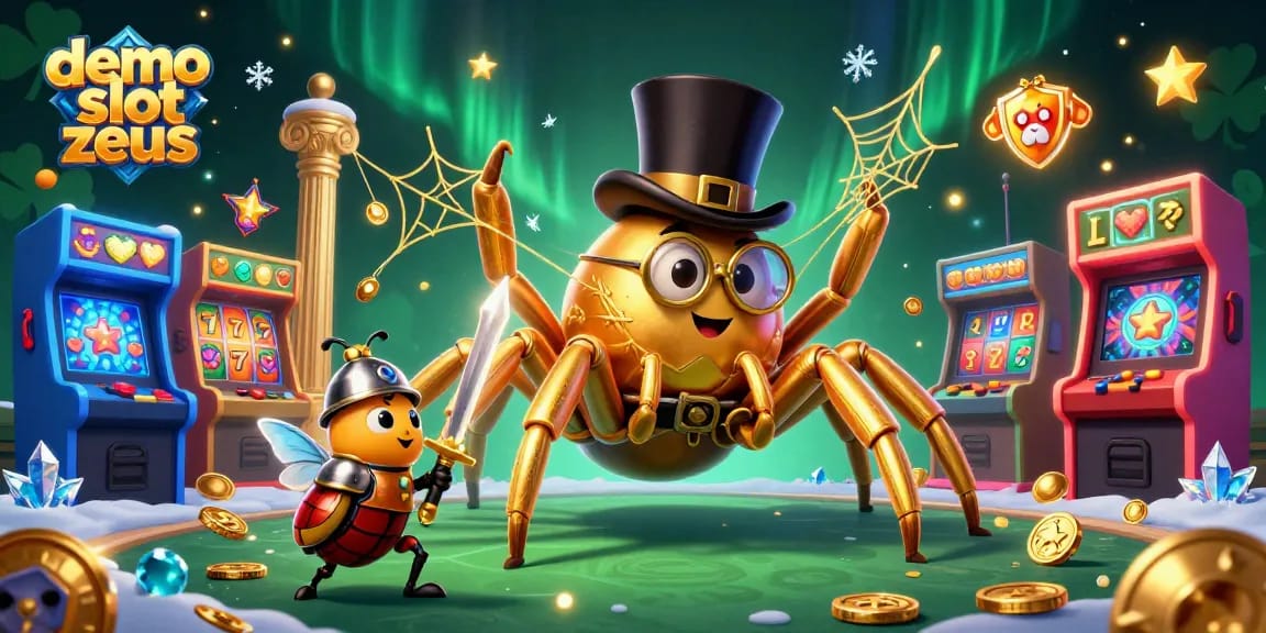 Experience the thrill of demo slot zeus featuring a giant spider and knight in an arcade style casino atmosphere.