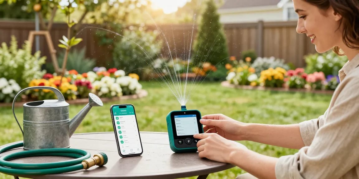 Homeowner setting up RainPoint WiFi water timer for efficient gardening, surrounded by vibrant flower beds and young trees.