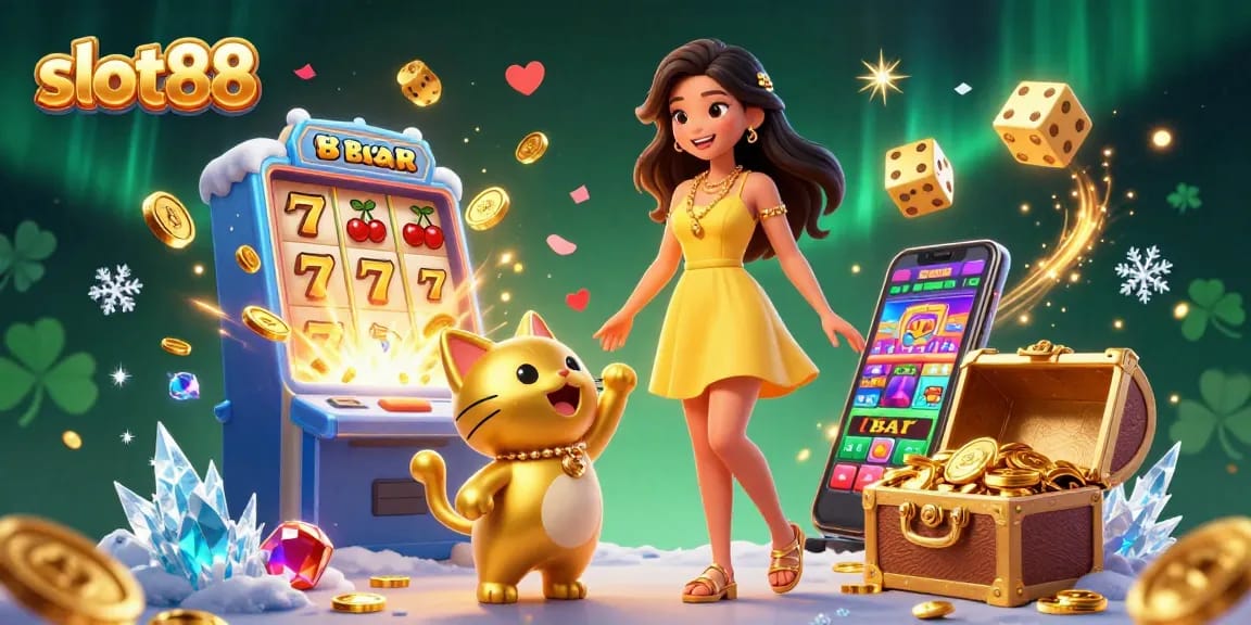 Experience the excitement of slot88 with a cheerful woman and a lucky cat amidst a jackpot explosion.