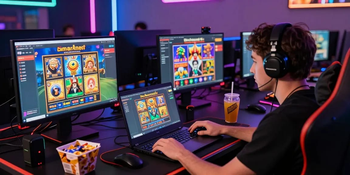 Player enjoying situs888 gacor gaming experience with colorful setup