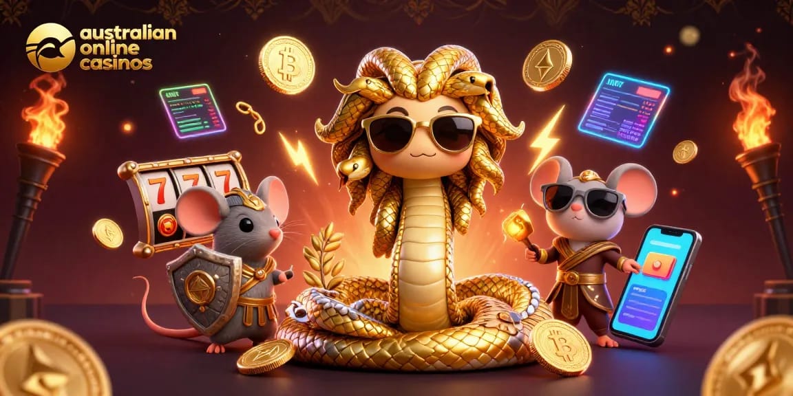 Engage with australian online casinos through a vibrant and dynamic casino-themed illustration featuring mythical characters and crypto elements.