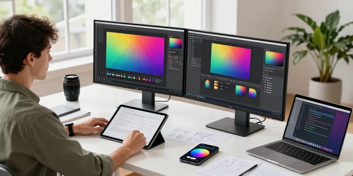 Innovative workspace showcasing Snipaste官网 in action, featuring dual monitors and annotations.