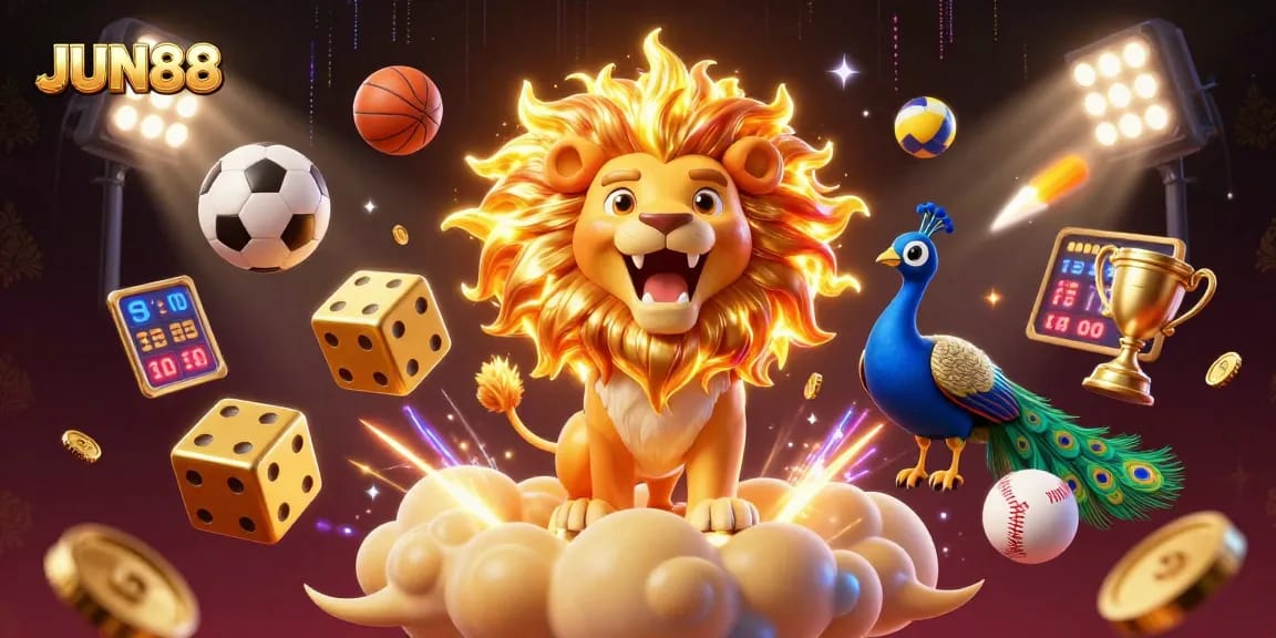 Experience exhilarating gameplay at JUN88 with dynamic 3D visuals showcasing sports elements and golden treasures.
