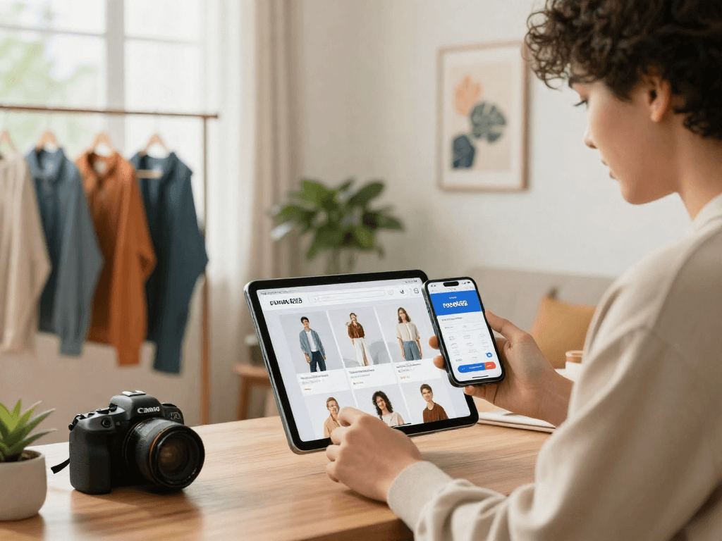 Youthful shopper engaging with rokok88 merchandise on a tablet in a stylish home setting