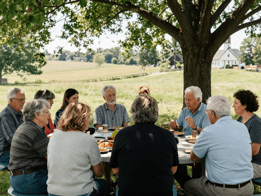 Group discussing mennonite doctrine in a natural outdoor setting with cultural elements.