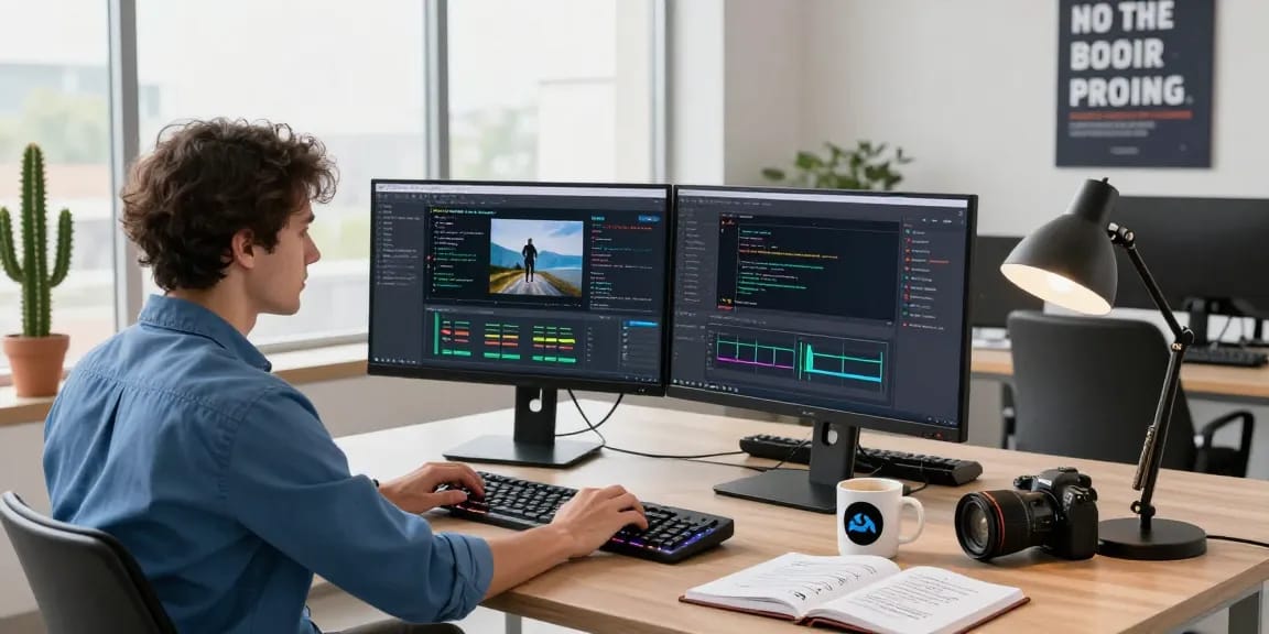 AI image detector software in action on monitors with analysis results in a modern workspace.
