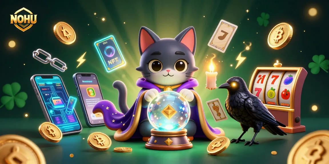 Engage in winning strategies with NOHU at this vibrant casino-themed illustration featuring mystical characters.