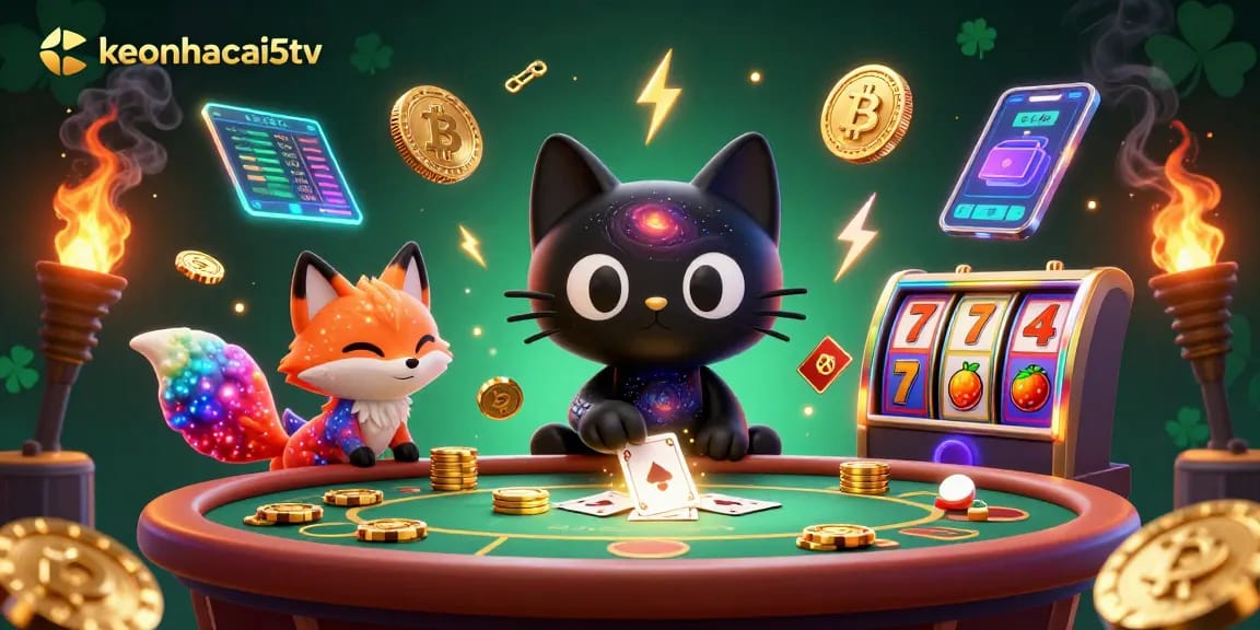 Engage with the cosmic casino experience at keonhacai5tv featuring golden chips and colorful gas cloud characters.