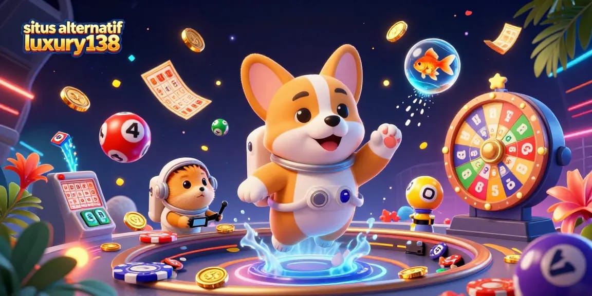 Engage with situs alternatif luxury138 at a vibrant space casino, featuring lively lottery elements and animated characters.