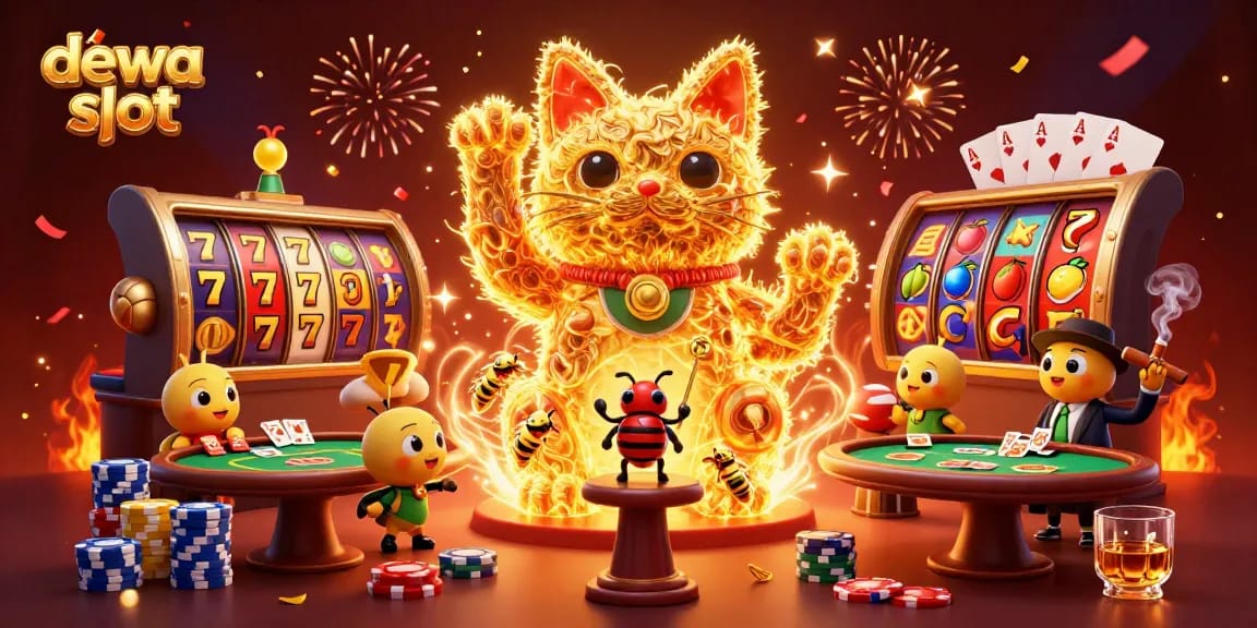 Engage with dewa slot at a vibrant casino-themed illustration showcasing lively gameplay elements and a magical atmosphere.