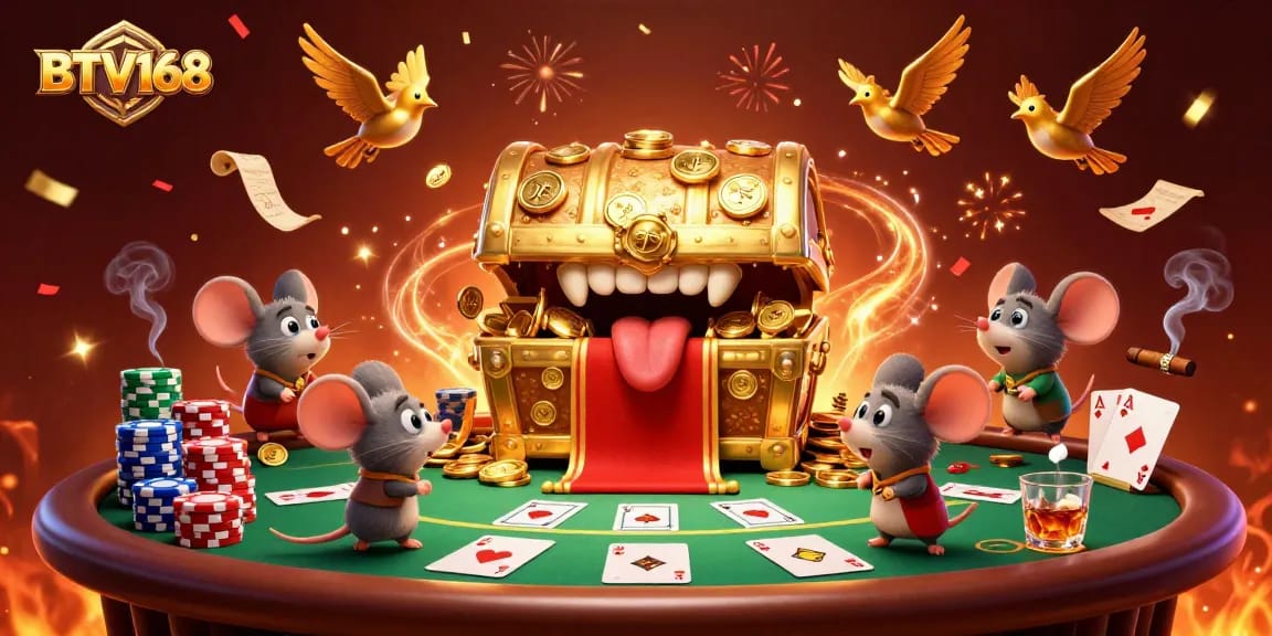 BTV168 unveils a treasure trove of poker excitement with golden coins and festive atmosphere.