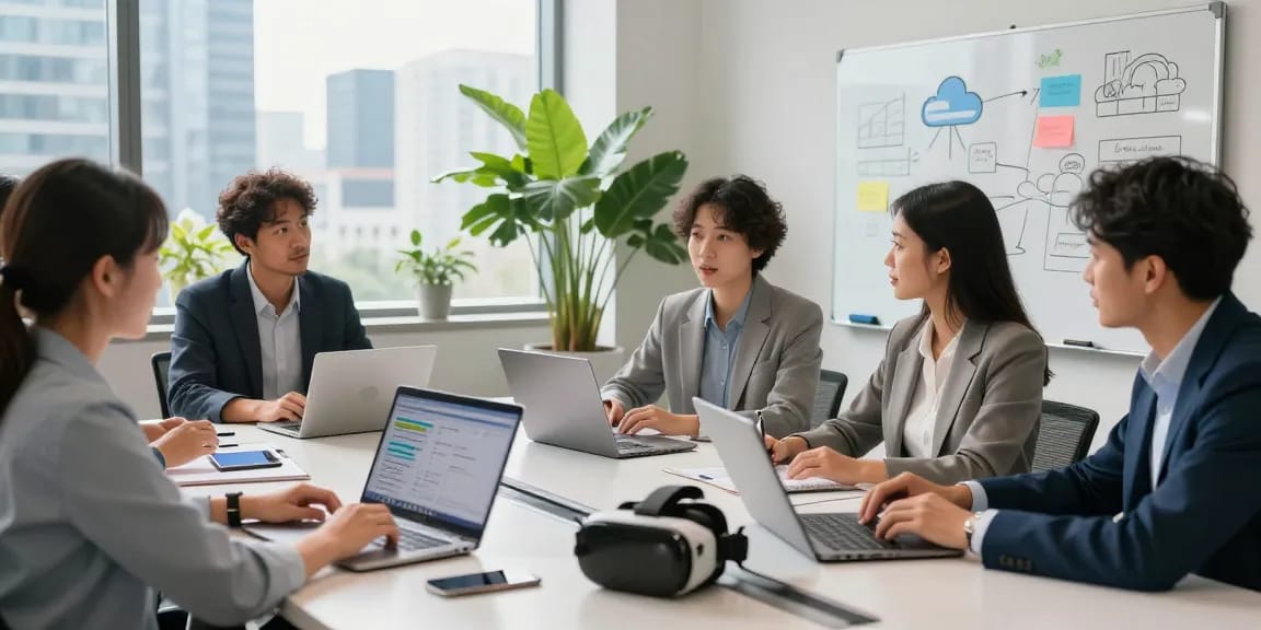 Collaborative professionals discussing מרכזייה בענן solutions in a modern office setting