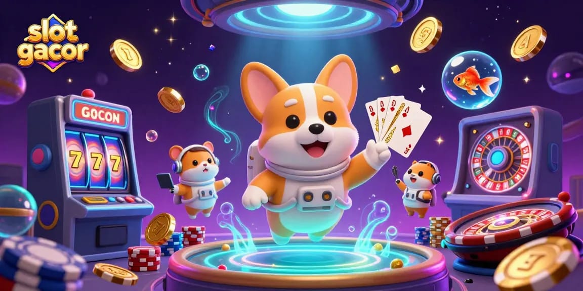 Experience thrilling slot gacor games with an astronaut corgi in a vibrant space casino.