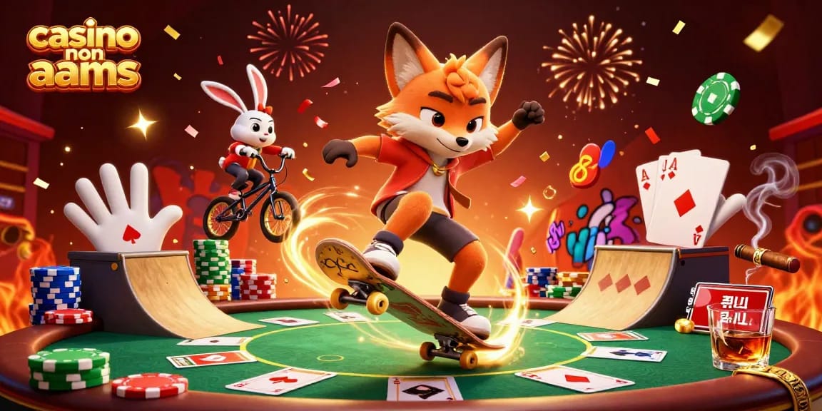 Scopri l'emozione del casinò non aams con una scena 3D vibrante che presenta uno skateboarder e un rider BMX che mostrano un'atmosfera di gioco vivace.