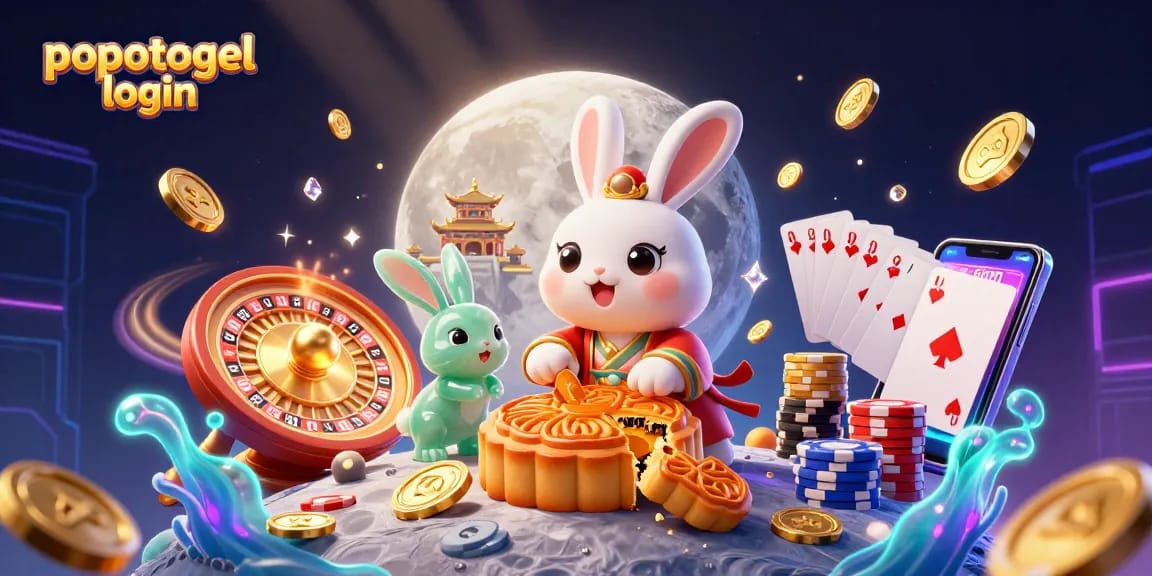 Exciting popotogel login scene with vibrant casino elements and traditional moon rabbit characters.