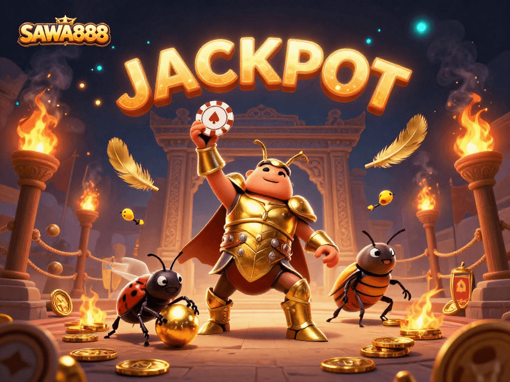 Experience the excitement of SAWA888 as a hercules beetle celebrates victory with a poker chip amidst golden casino elements.