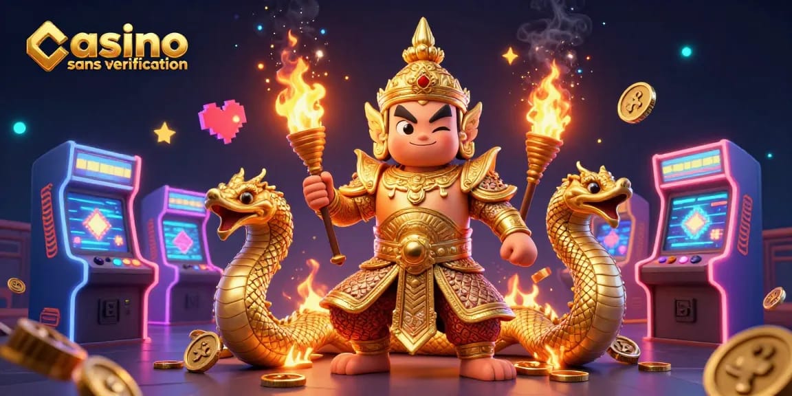 Jouez dans un casino sans vérification avec des gardiens et des serpents en or en arrière-plan.