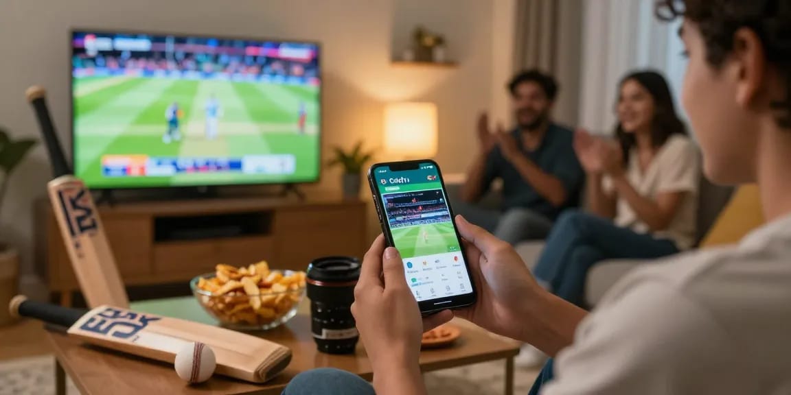 Engaged cricket fan using the cricfytv app to watch live matches, surrounded by friends and memorabilia in a cozy living room.