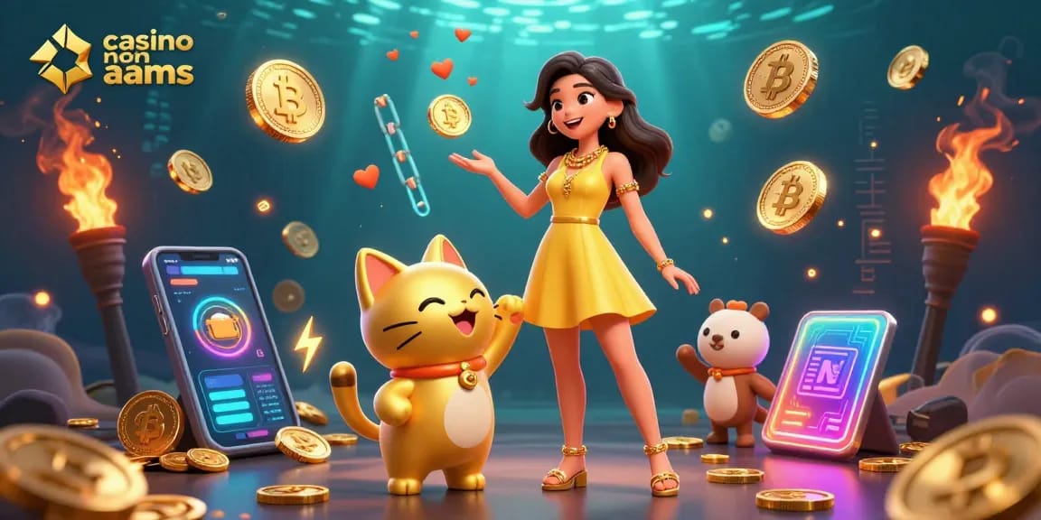 Impegnati nel gioco dei casino non aams con una gioiosa donna asiatica e un gatto fortunato dorato, circondati da motivi crypto.
