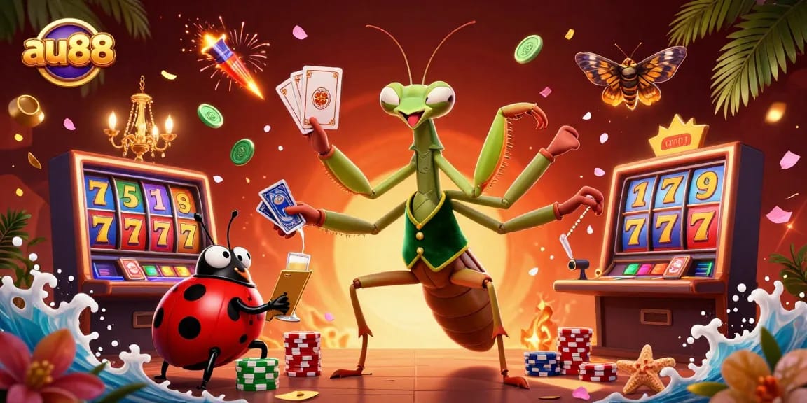 Experience excitement at au88 with a giant praying mantis card sharp and a ladybug pit boss in a vibrant casino scene.