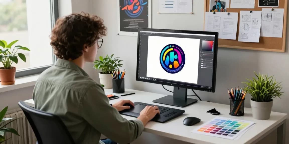 Projektowanie logo w nowoczesnym biurze, projektant przy biurku z monitorami i narzędziami graficznymi.
