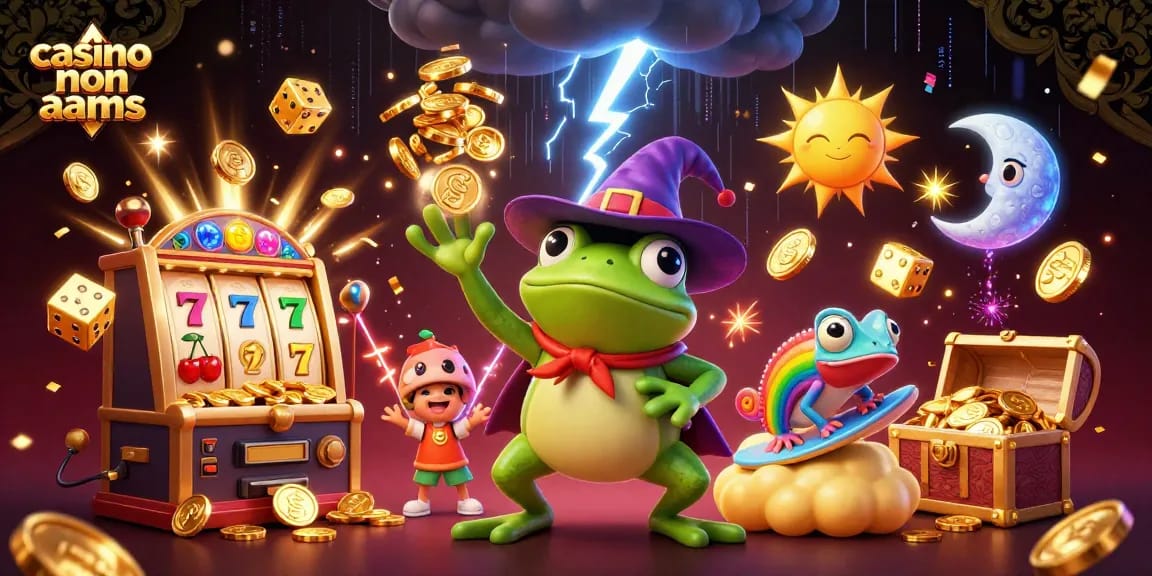 Scopri l'emozione dei casinò non AAMS con la nostra vivace illustrazione in cartone animato che presenta personaggi magici e elementi di gioco.