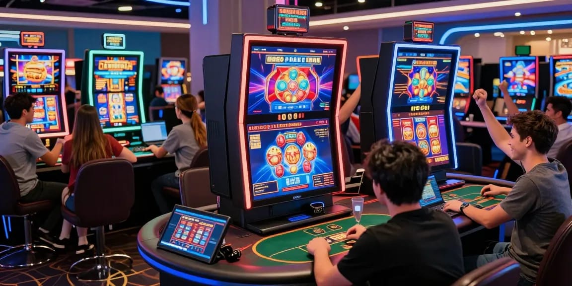 Scène captivante de joueurs s'engageant avec des jeux de casino en ligne sur plusieurs appareils, montrant une atmosphère numérique vibrante.