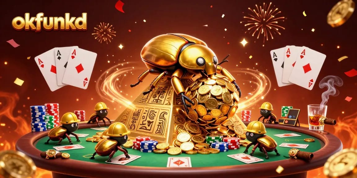 Join the fun at okfunkd as the golden beetle rolls coins amidst a vibrant casino scene.