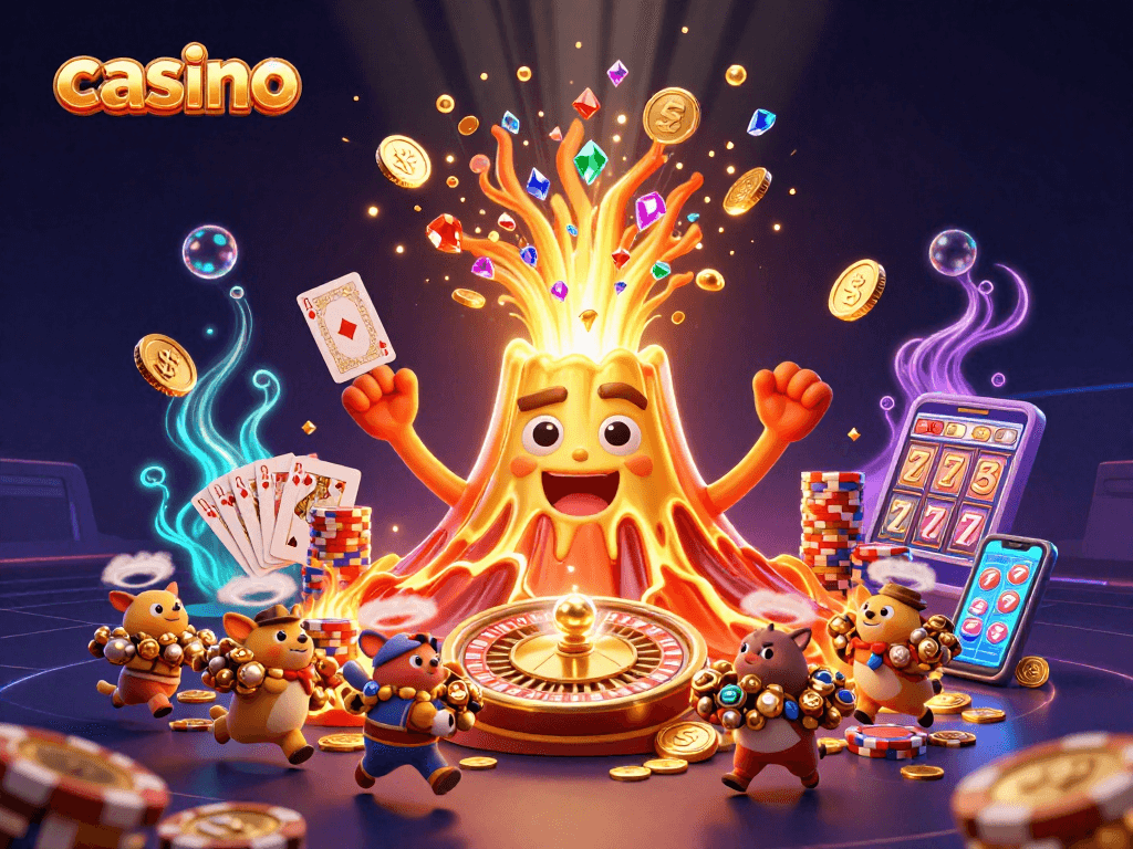 Experience thrilling casino action with a vibrant eruption of coins and gems in this 3D illustration.