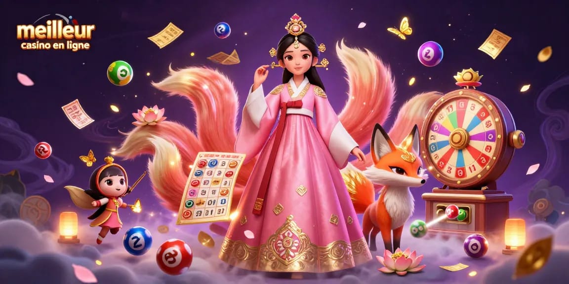 Participez à un gameplay palpitant sur meilleur casino en ligne avec une illustration 3D vibrante d'une figure vêtue d'un hanbok.