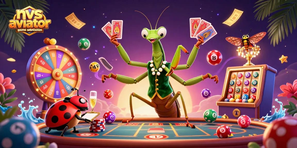 The nvs aviator game admission scene showcases a giant praying mantis and ladybug in a vibrant casino atmosphere.