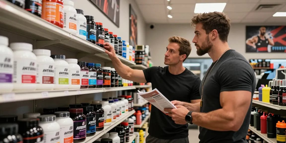 Astera Steroids Shop with an athlete exploring a variety of fitness products while receiving guidance from a personal trainer.