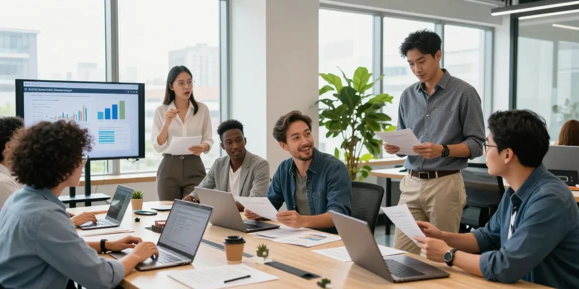 Instant merchant cash advance collaboration in a modern co-working space with entrepreneurs discussing financing options.
