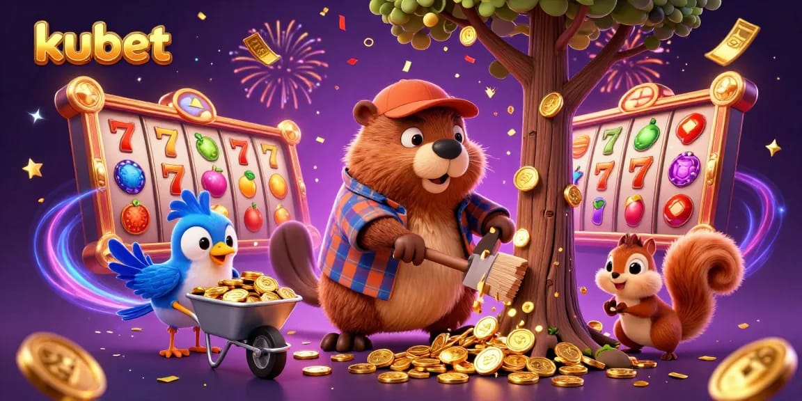 Kubet's engaging scene with cartoon characters celebrating winning while surrounded by slot game elements and joyful confetti.
