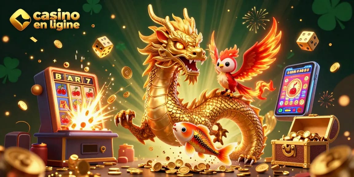 Plongez dans l'univers du casino en ligne avec un dragon doré et un phénix enflammé parmi des machines à sous et des trésors.