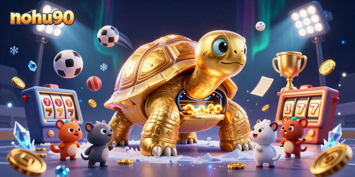 Nohu90 engages players with an exciting 3D casino-themed illustration, showcasing dynamic sports balls and a unique tortoise pinball machine.