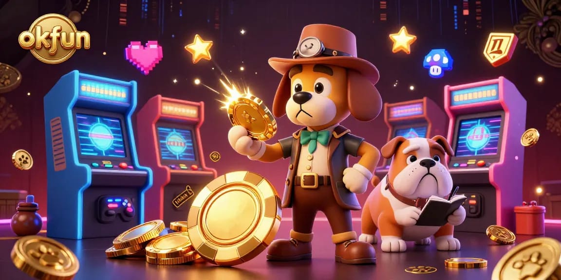 Engage with OKFUN's thrilling gaming scene featuring detective characters and vibrant casino elements.