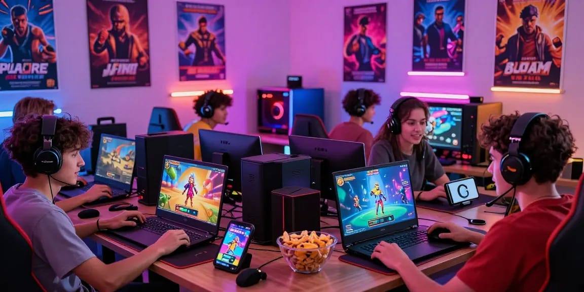 Gamers enjoying porngames on multiple devices in a vibrant, inviting atmosphere