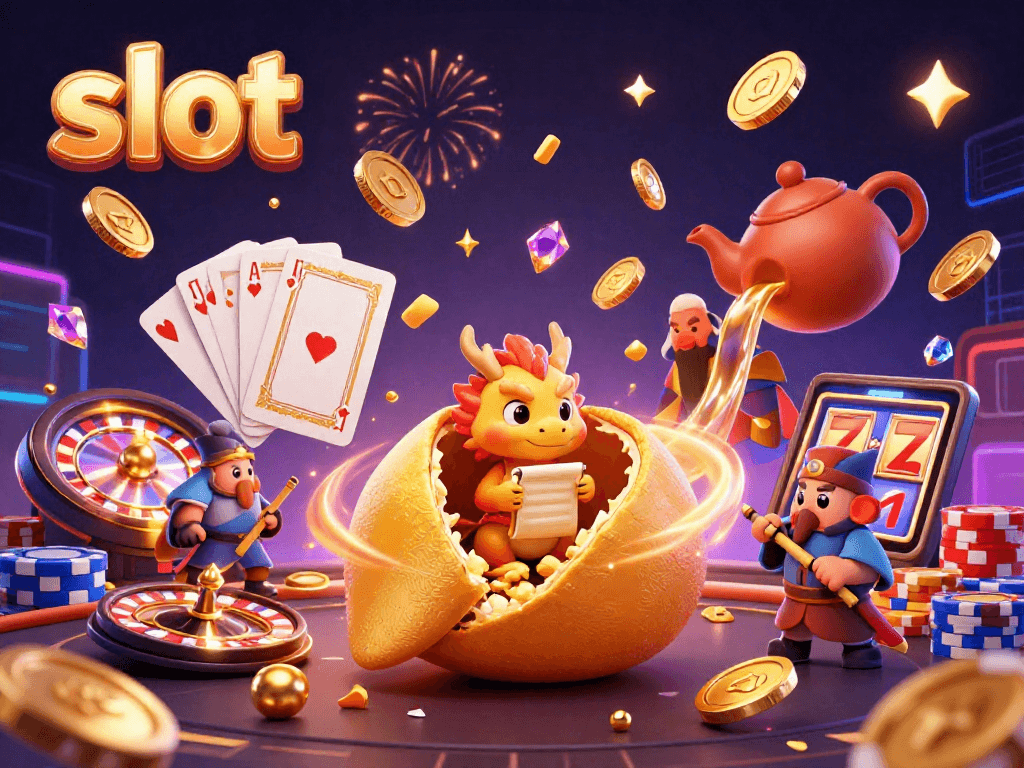 Engage with slot excitement as golden coins and gems fly around a magical dragon and sage.