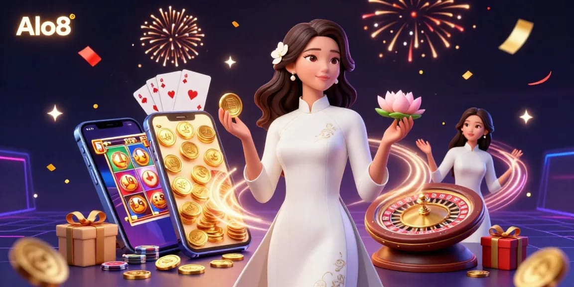 Alo8 captivates with 3D scenes featuring a woman holding a lotus and coins, immersed in vibrant casino games.