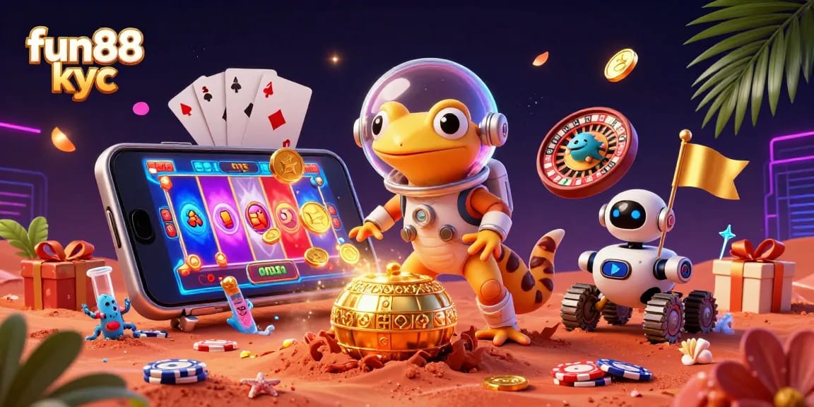 Chơi game slot tại fun88 kyc với các biểu tượng vàng và robot vui vẻ.
