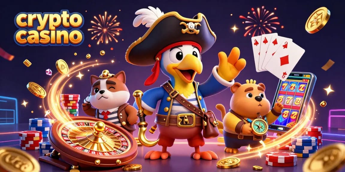 Casino crypto dynamique avec des personnages colorés et des éléments de jeu autour.