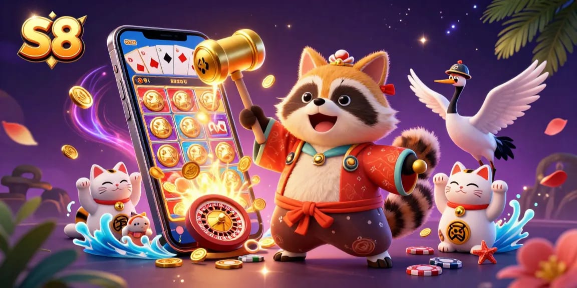 Experience exciting slots with S8's cheerful characters and vibrant gaming elements in this 3D illustration.