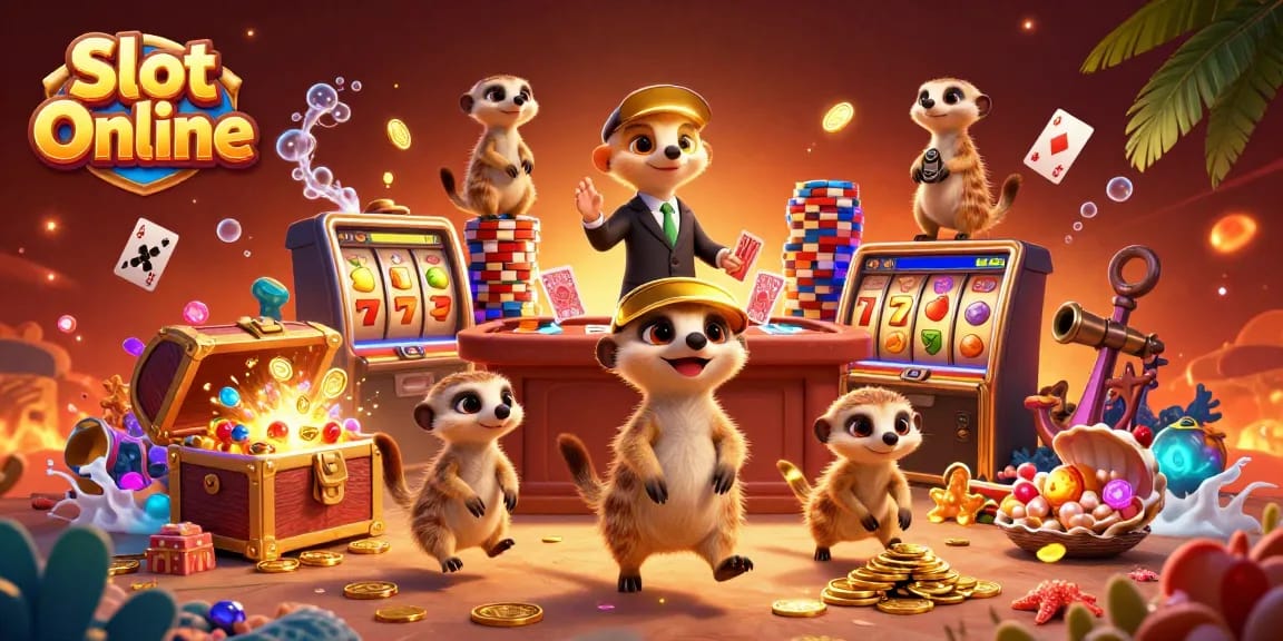 Spin the reels at Slot Online with meerkats managing a vibrant casino scene filled with excitement.