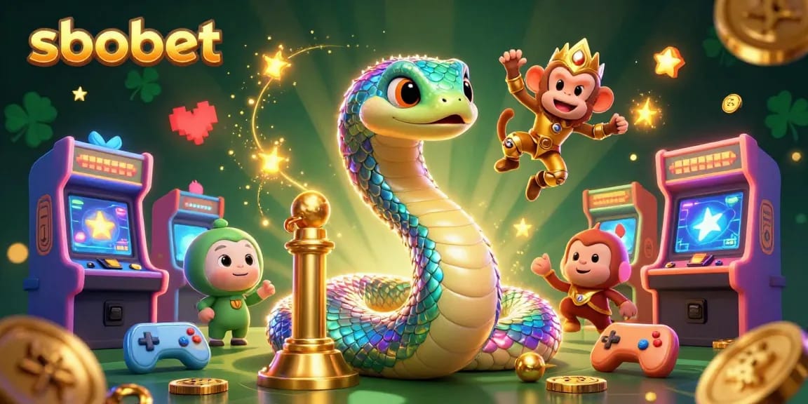 Engage in sbobet with a vibrant 3D rainbow serpent and playful monkey king in a dazzling gaming scene.