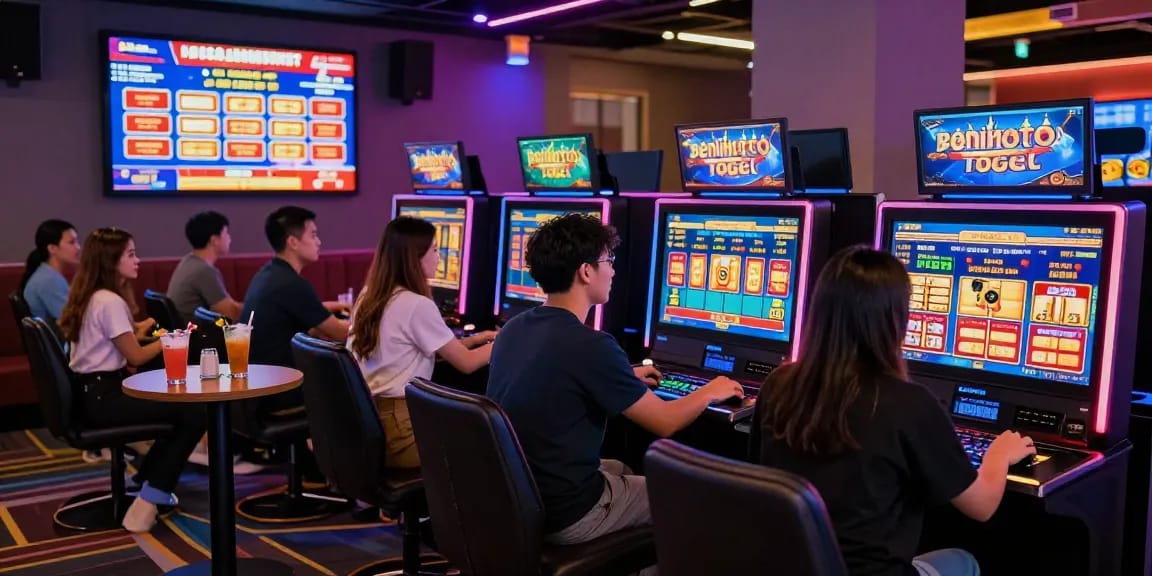 Engaged players enjoying benihtoto togel in a vibrant online gaming lounge with immersive atmosphere.