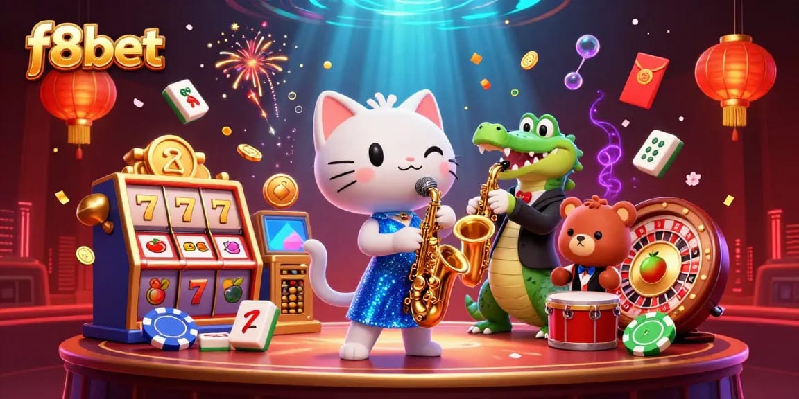 Experience lively entertainment at f8bet with a jazz-singer cat, crocodile, and bear amidst dynamic casino games.