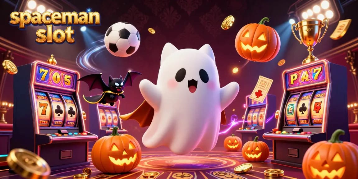 Engage with the spaceman slot in a vibrant casino scene featuring a playful ghost cat, jackpot reels, and glowing coins.