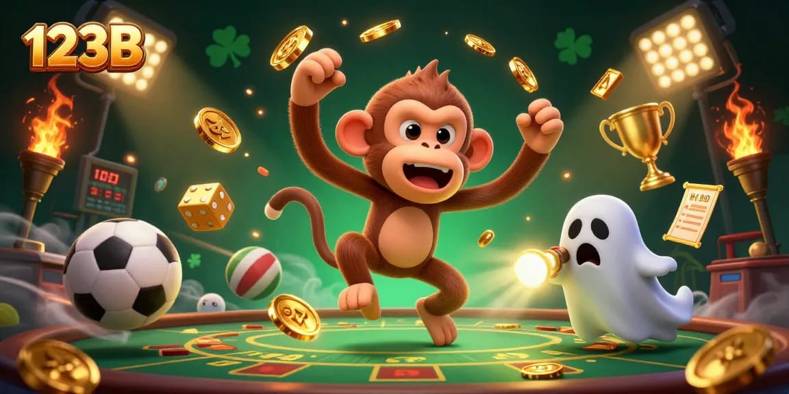 Engage with 123B's thrilling gaming experience as golden coins and sports elements scatter in a dynamic casino scene.